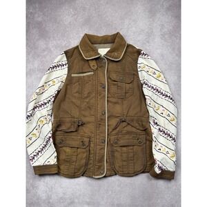 Free People Womens L Brown Utility Mixed Media Jacket Southwest Tribal Boho Folk
